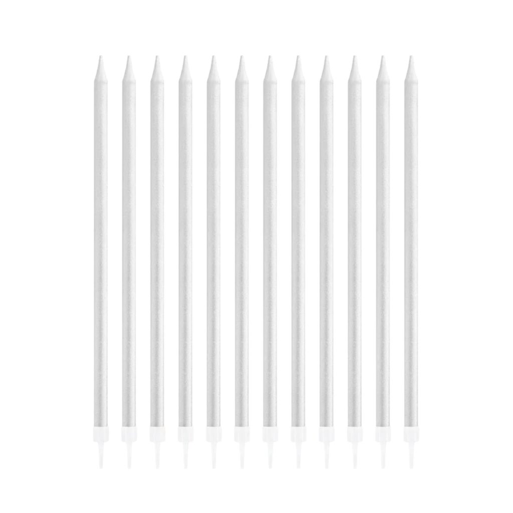 Długie świeczki urodzinowe w kolorze srebrnym 12 sztuk