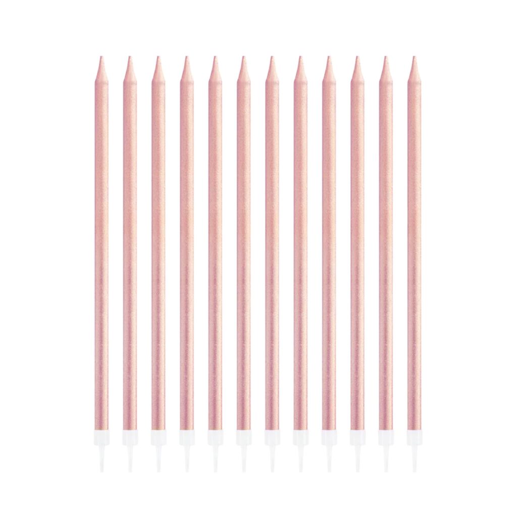 Świeczki Urodzinowe Długie z podstawkami Rose Gold Różowe 13,5cm 12 szt