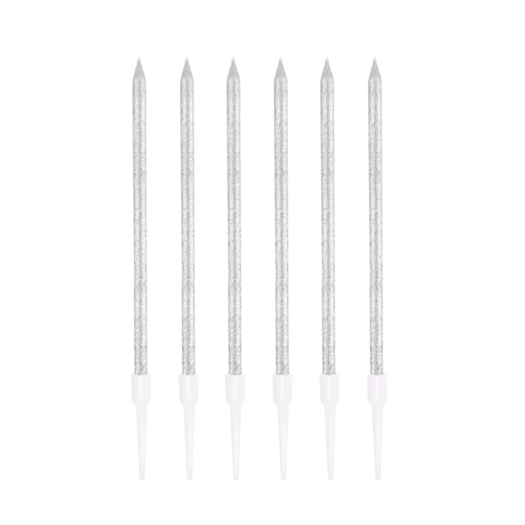 Świeczki urodzinowe Srebrne z brokatem 6szt.