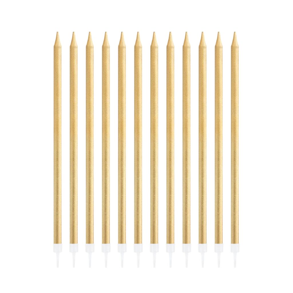 Świeczki Urodzinowe Długie z podstawkami ZŁOTE 13,5cm 12 szt