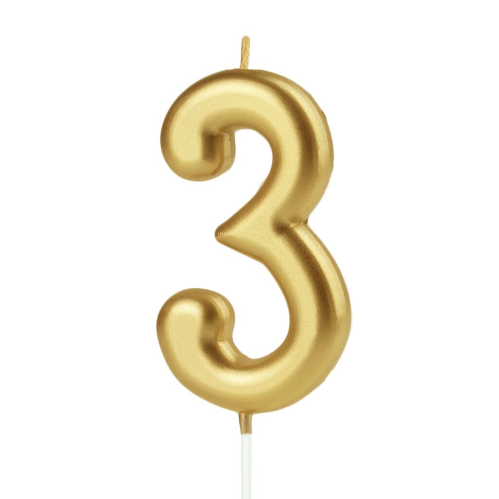 Złota świeczka urodzinowa cyfra 3