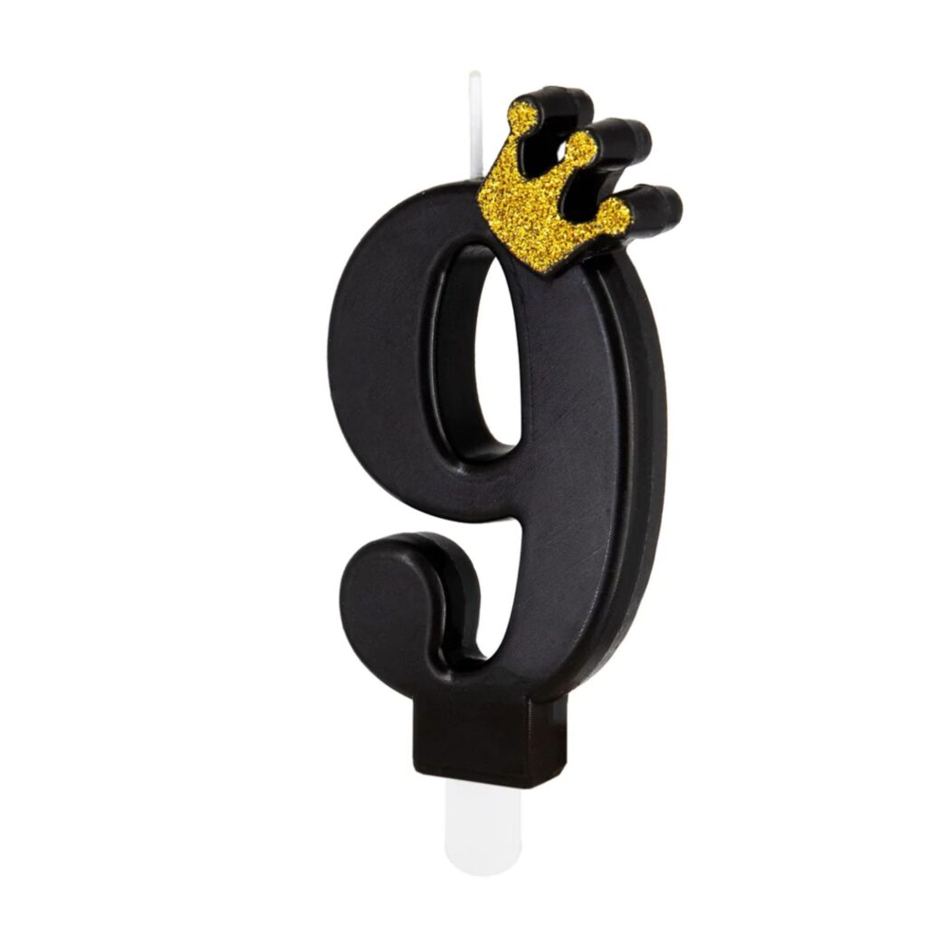 Urodzinowa czarna świeczka z koroną cyfra 9