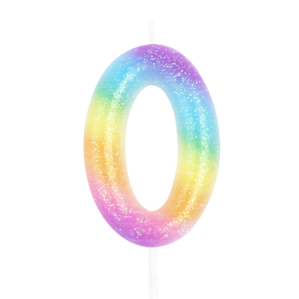 Tęczowa świeczka urodzinowa z brokatem cyfra 0