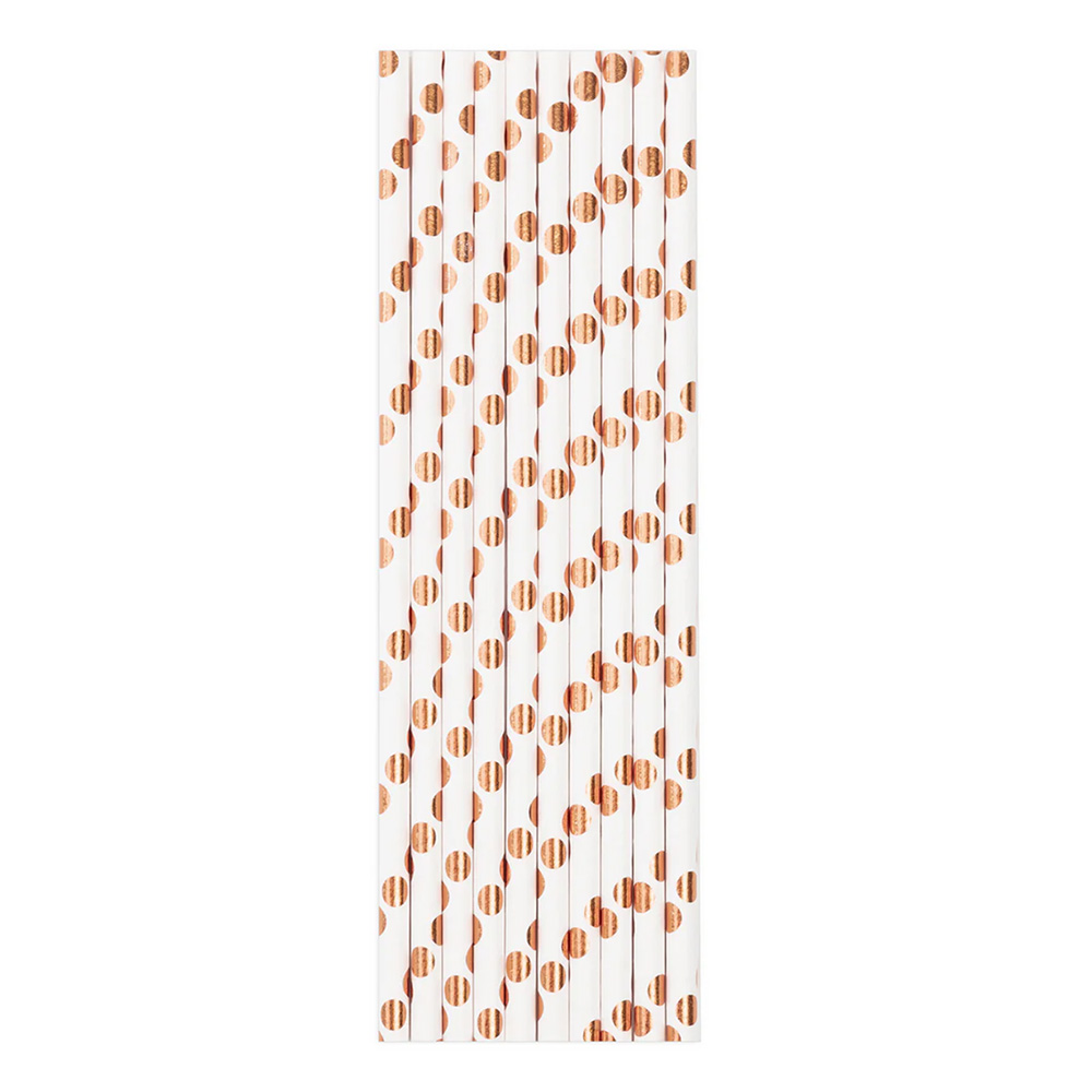 Białe słomki w kropki rose gold 10 sztuk