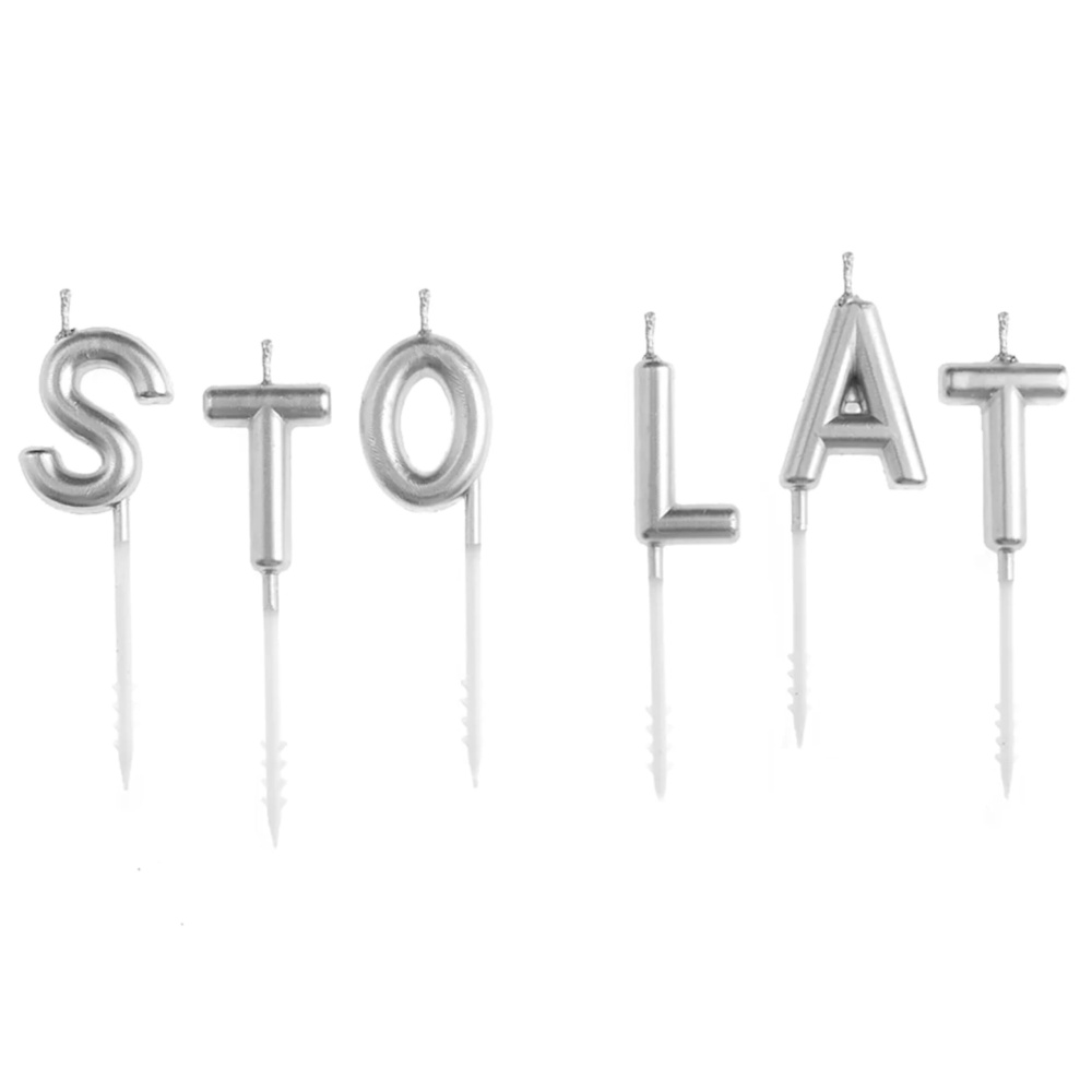 Srebrne świeczki urodzinowe napis Sto Lat