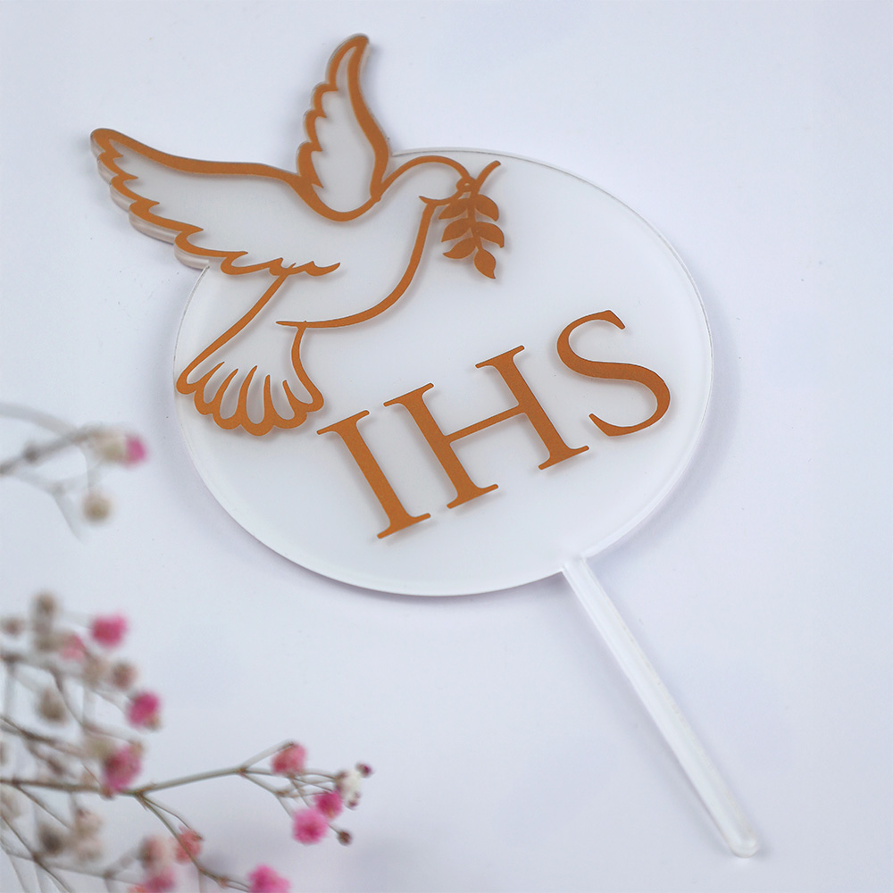 Okrągły biały topper komunijny z napisem IHS
