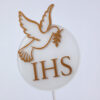 Okrągły biały topper komunijny z napisem IHS