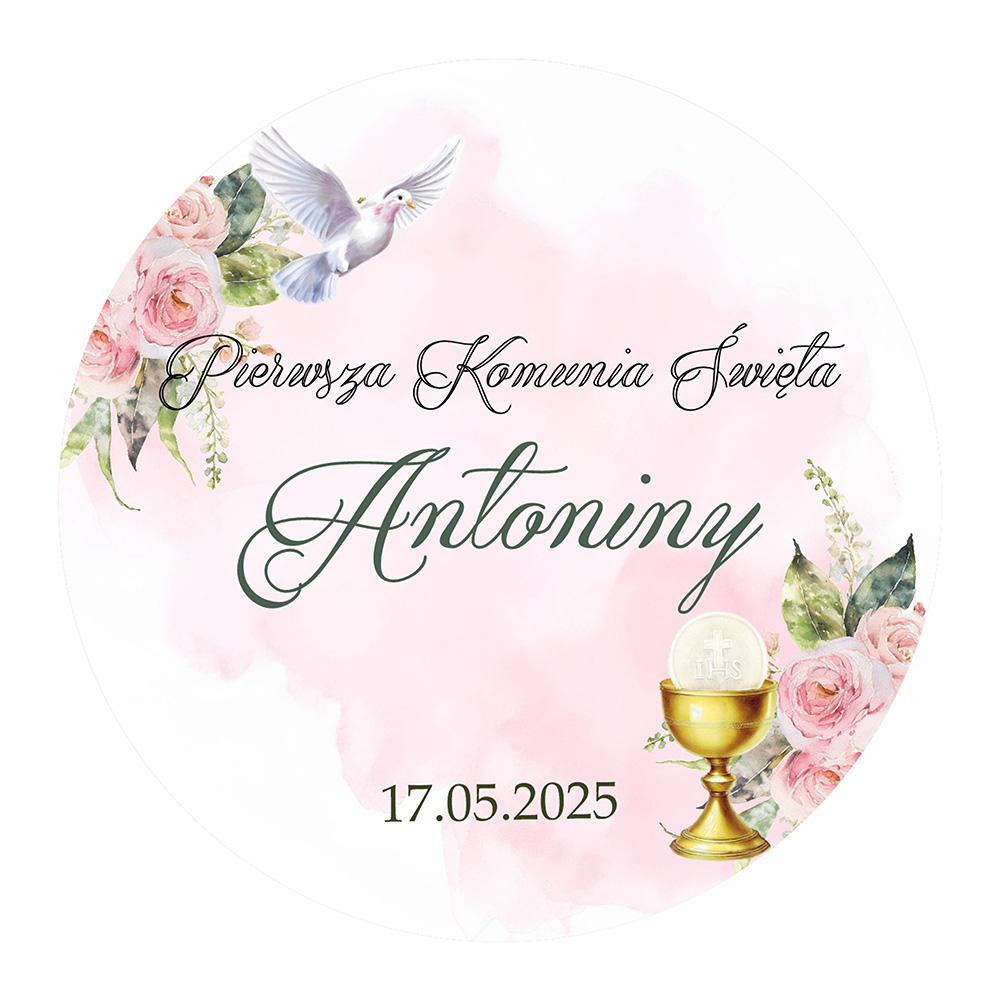 Różowy opłatek na Pierwszą Komunię z personalizacją