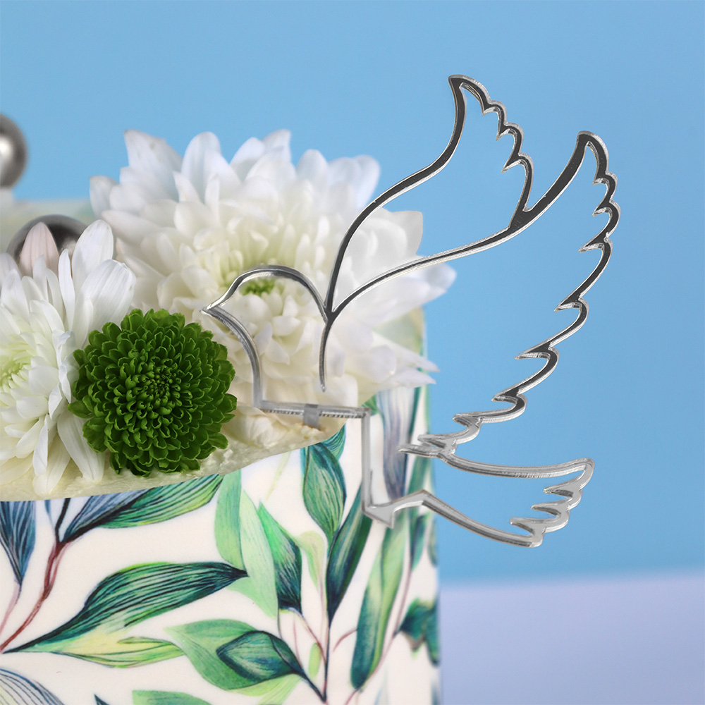 Oryginalny srebrny topper gołąb na bok tortu