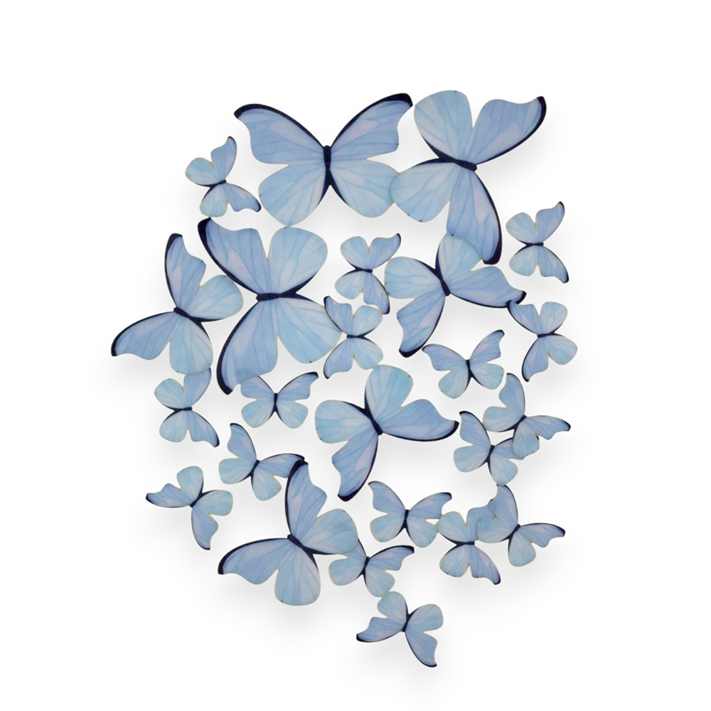 Niebieskie waflowe motylki na tort 23 sztuki