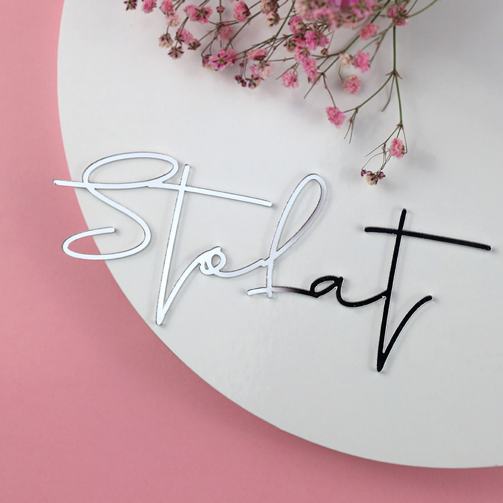 Srebrny topper na bok tortu z napisem Sto Lat