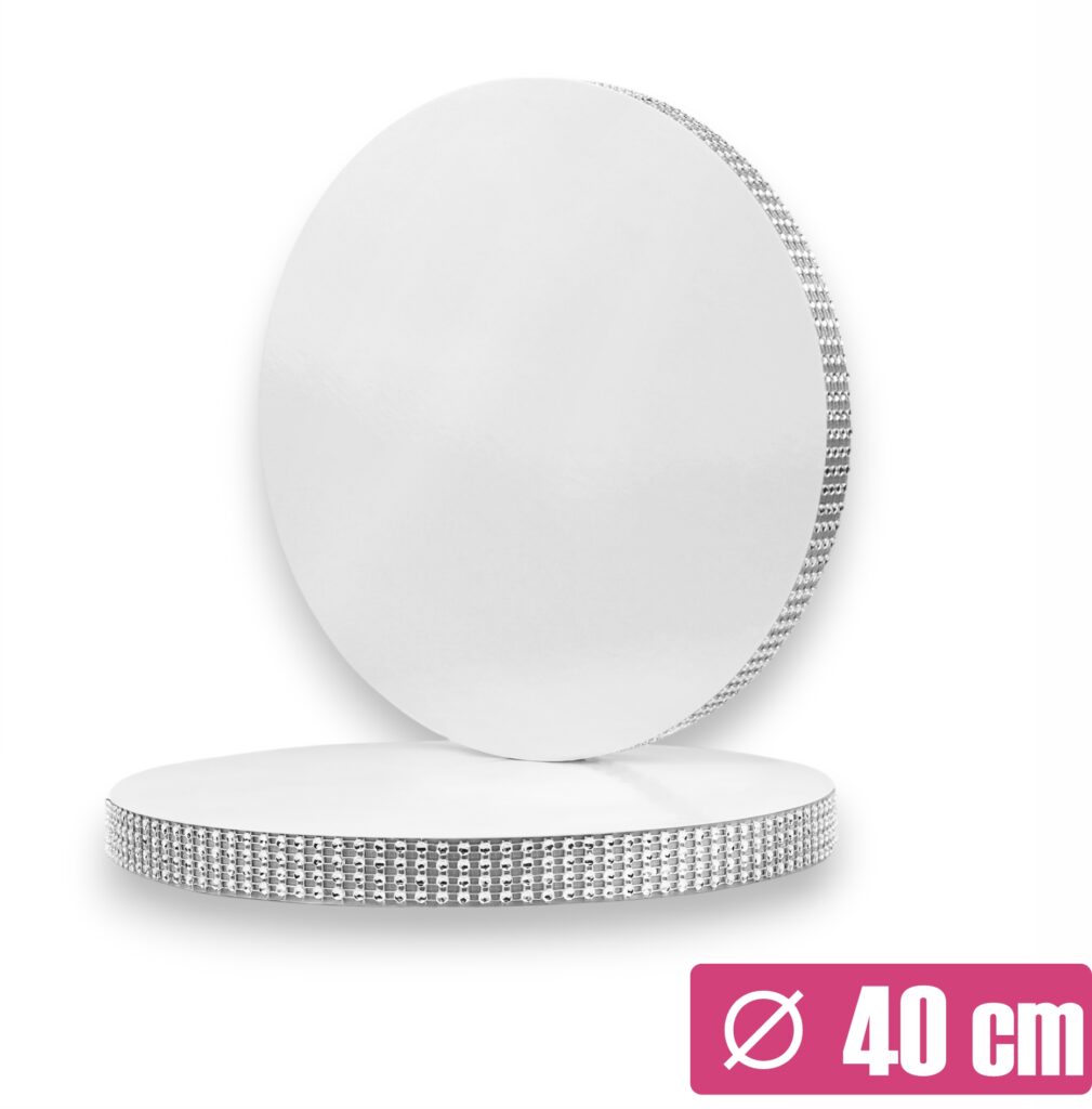Biały podkład pod tort ze srebrną taśmą 40 cm