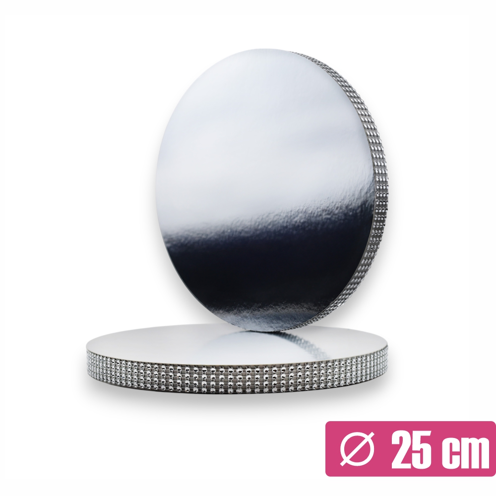 Srebrny podkład pod tort z taśmą 25 cm