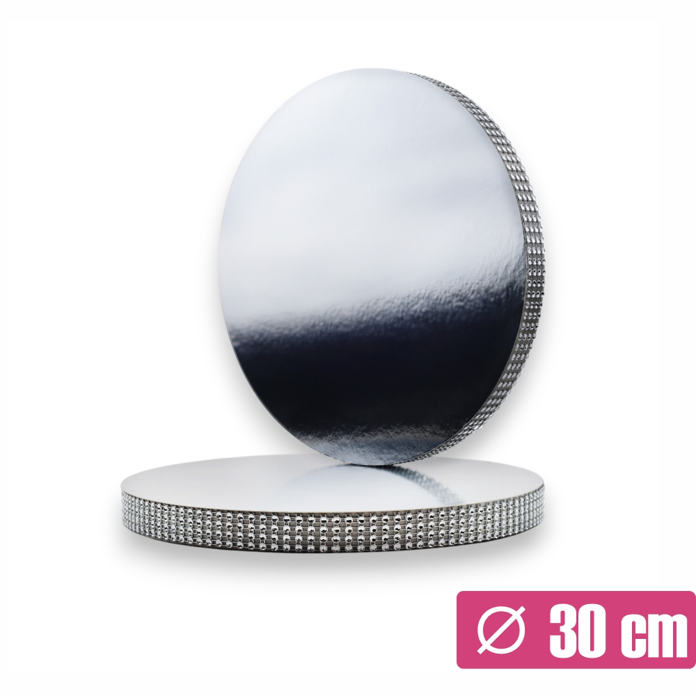 Srebrny podkład pod tort z taśmą 30 cm